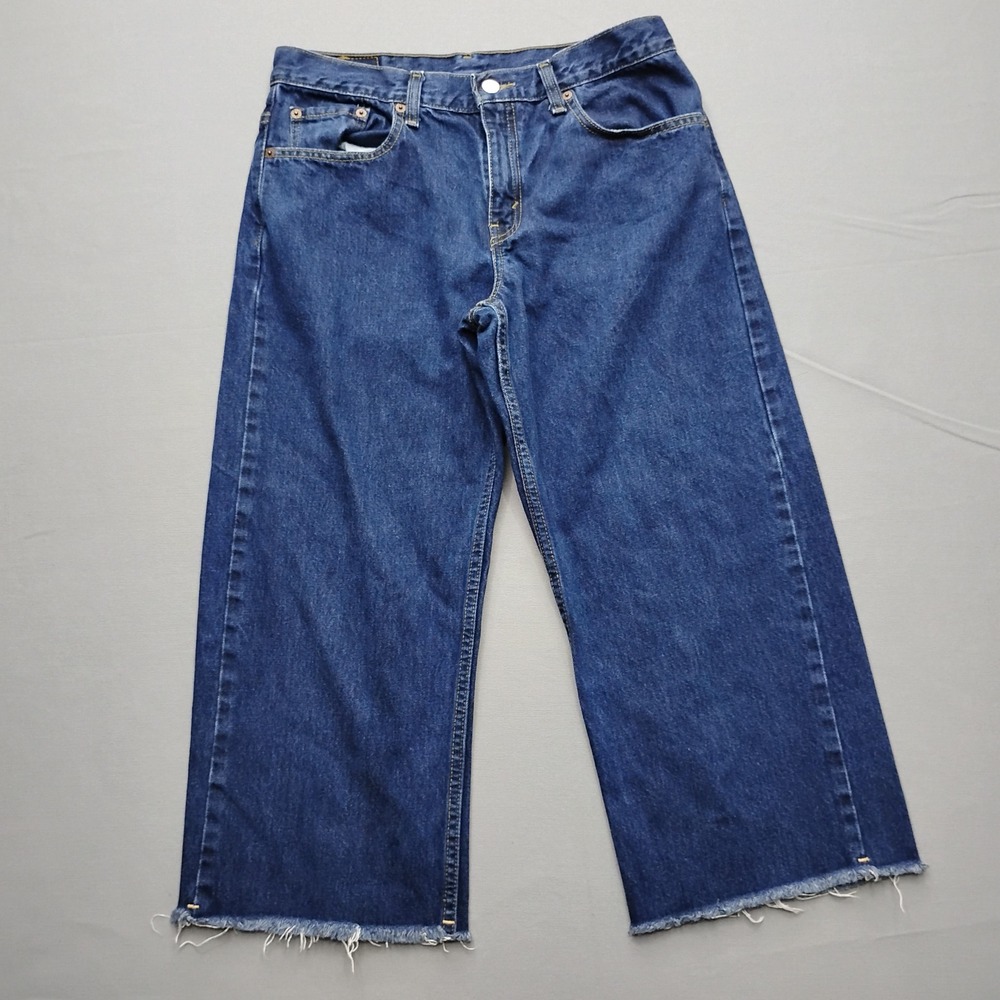Levis 577 Lower Rise Loose Fit Wide Leg Raw Hem Jeans Dark Wash 10M Vintage